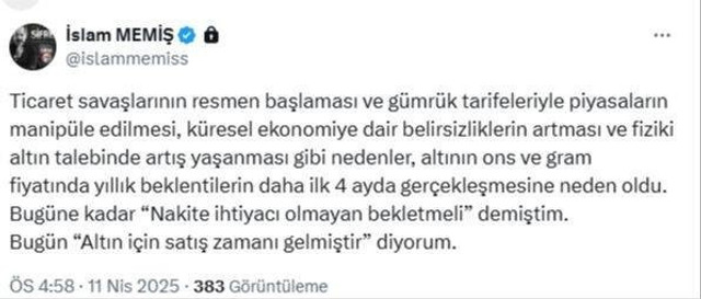 İslam Memiş'ten kritik altın çıkışı: Zamanı geldi - Resim : 1