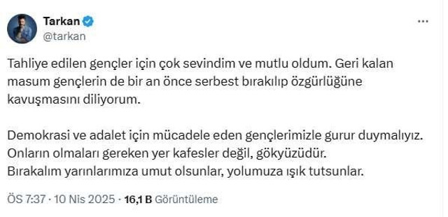 Tarkan'dan tutuklu gençlerle ilgili paylaşım! "Olmaları gereken yer kafes değil..." - Resim : 1