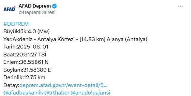 Antalya açıklarında şiddetli deprem! AFAD duyurdu... - Resim : 1
