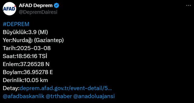 AFAD açıkladı... Gaziantep'te korkutan deprem! - Resim : 1