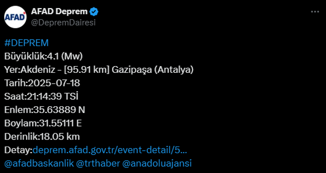 AFAD duyurdu... Antalya'da 4.1 büyüklüğünde deprem! - Resim : 1