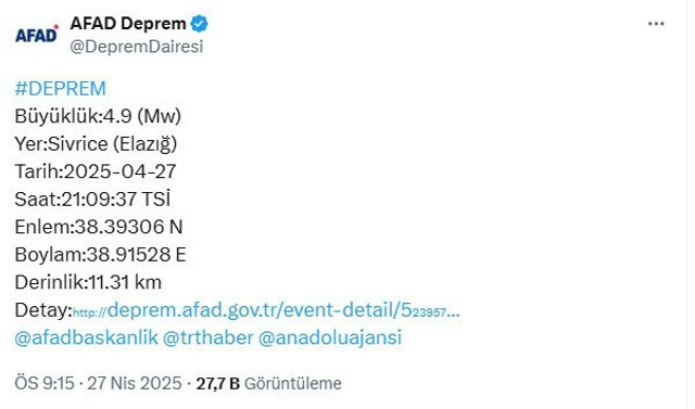 AFAD duyurdu... Korkutan deprem! Elazığ 4.9'la sallandı - Resim : 1