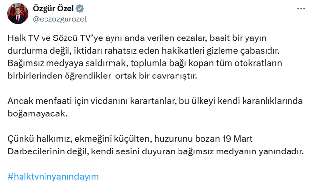 Özgür Özel'den Halk TV ve Sözcü TV'ye destek! "Hakikatleri gizleme çabasıdır" - Resim : 1