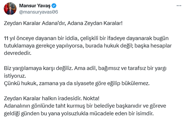 Mansur Yavaş'tan Zeydan Karalar'ın tutuklanmasına tepki! "Başka hesaplar devrededir..." - Resim : 1