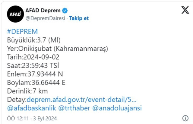 AFAD duyurdu... Kahramanmaraş'ta panik yaratan deprem - Resim : 1