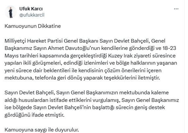 Bahçeli'den Davutoğlu'na 'mektup' teşekkürü! - Resim : 1