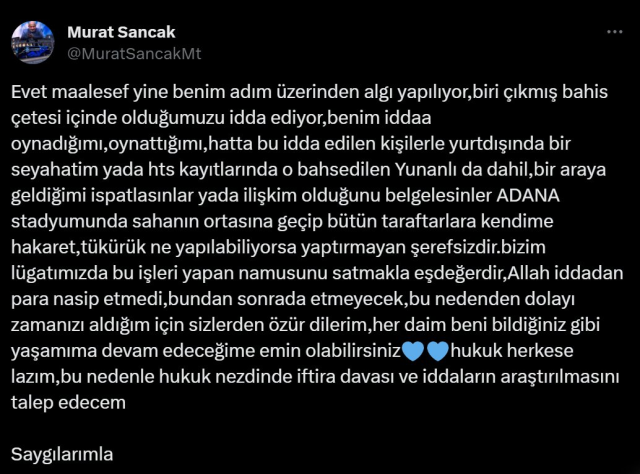 Murat Sancak, hakkında çıkan bahis iddialarına ateş püskürdü: 'Yaptırmayan şerefsizdir' - Resim : 1