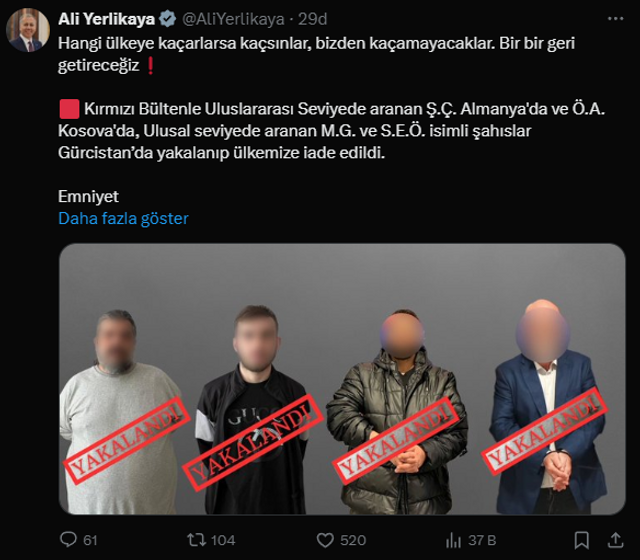 Bakan Yerlikaya duyurdu... Kırmızı bültenle aranan 4 kişi Türkiye'ye getirildi! - Resim : 1