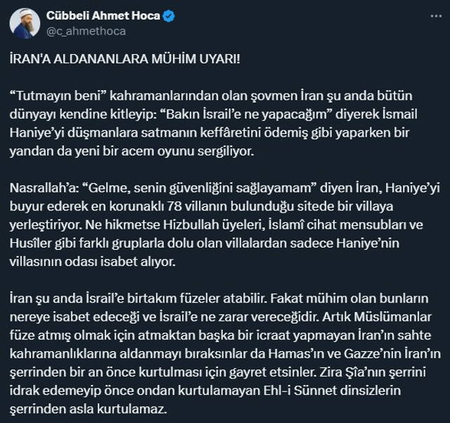 Cübbeli Ahmet Hoca İran'ı yerden yere vurdu: Sahte kahramanlıklarına aldanmayın - Resim : 1