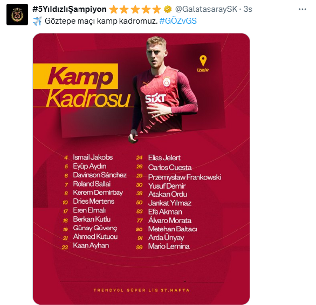 7 isim kadro dışında: Galatasaray'ın Göztepe maçı kadrosu açıklandı! - Resim : 1