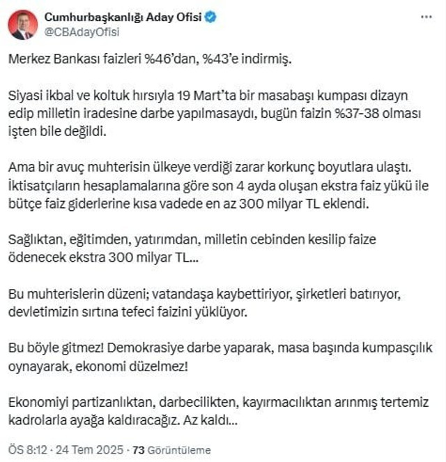 Merkez'in faiz kararına İmamoğlu'ndan tepki! 'Vatandaşa kaybettiriyor' dedi açıkladı - Resim : 1