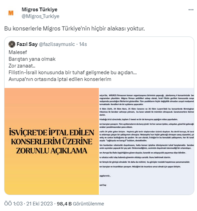 Skandal kararla alakaları var mı? Migros'tan Fazıl Say'ın konser iptalleriyle ilgili açıklama - Resim : 1