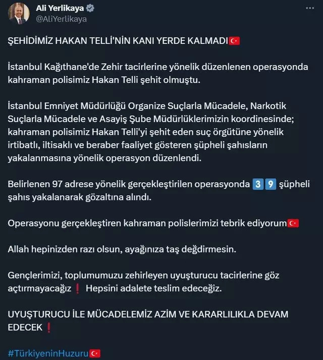 İstanbul'da büyük operasyon! 'Şehidimizin kanı yerde kalmadı' diyerek duyurdu - Resim : 1