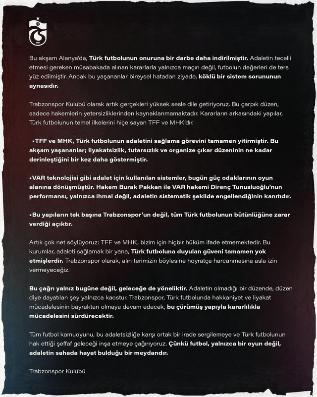 Trabzonspor'dan zehir zemberek açıklama! "TFF ve MHK yok hükmündedir" - Resim : 1