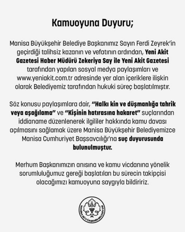 Paylaşımlar tepki çekmişti... Manisa Belediyesi, Yeni Akit ve Zekeriya Say için harekete geçti! - Resim : 1
