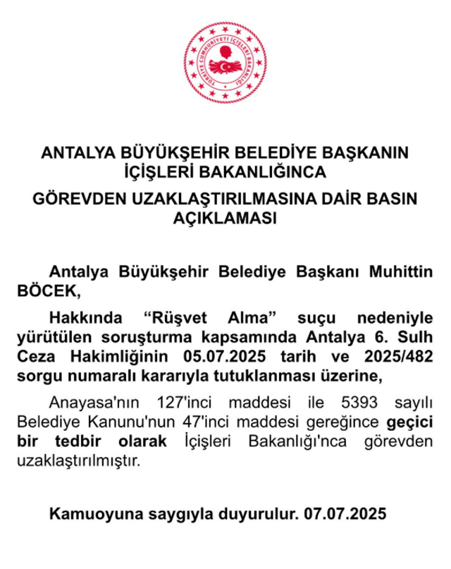 İçişleri Bakanlığı açıkladı: Muhittin Böcek görevden uzaklaştırıldı! - Resim : 1