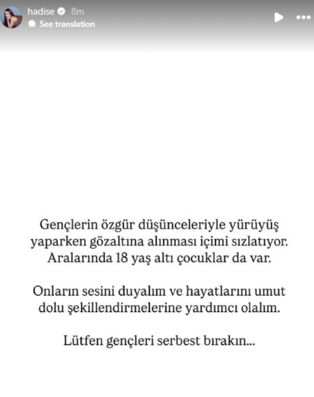 Hadise, tutuklanan gençler için çağrı yaptı! "Onların sesini duyalım" - Resim : 1