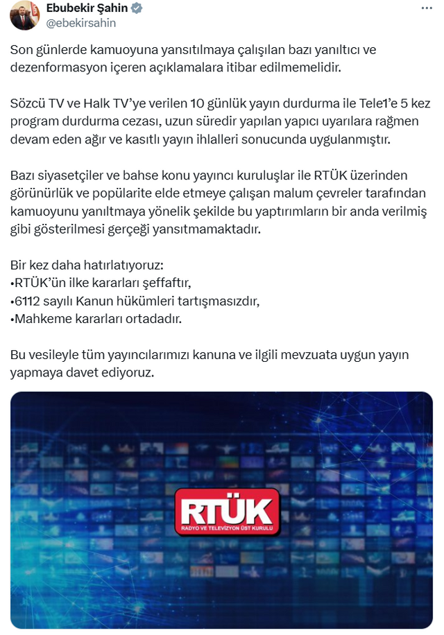 Ebubekir Şahin'den Halk TV ve Sözcü TV açıklaması: "RTÜK'ün ilke kararları şeffaftır" - Resim : 2