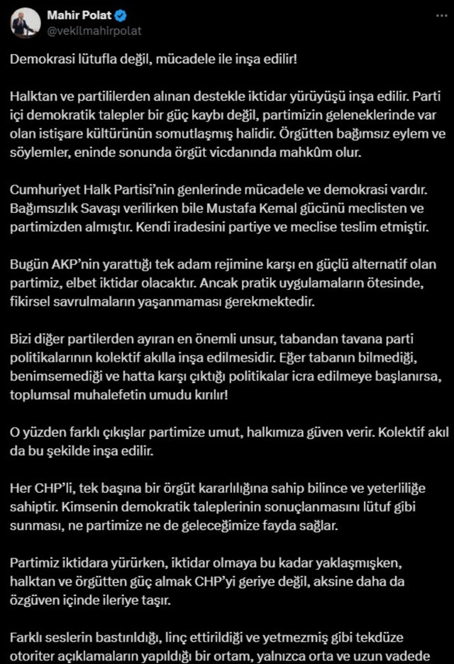 CHP'li Mahir Polat'tan kurultay tartışmalarına dair yeni a&ccedil;ıklama: 'L&uuml;tufla değil m&uuml;cadele ile...' - Resim : 1