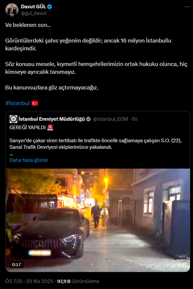 İstanbul Valisi Gül, çakarlı sürücüyü paylaştı! "Kimseye ayrıcalık tanımayız" - Resim : 1