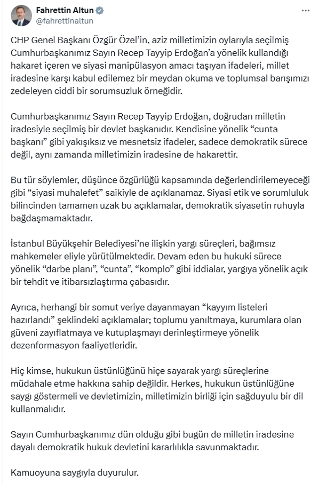 Fahrettin Altun'dan Özgür Özel'in 'cunta' çıkışına tepki! "Milletimizin iradesine de hakarettir" - Resim : 1