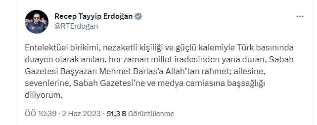 Erdoğan'dan Mehmet Barlas için taziye mesajı - Resim : 1