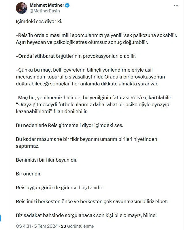 Mehmet Metiner'den Erdoğan'a 'maça gitmeyin' çağrısı! İçimdeki ses Reis gitmemeli diyor... - Resim : 1