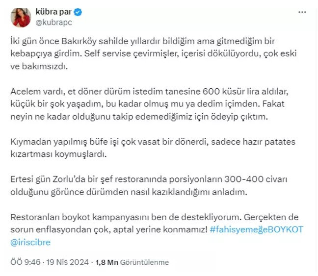 Kübra Par da o boykota katıldı: Vasat dönere 600 lira ödedim - Resim : 1