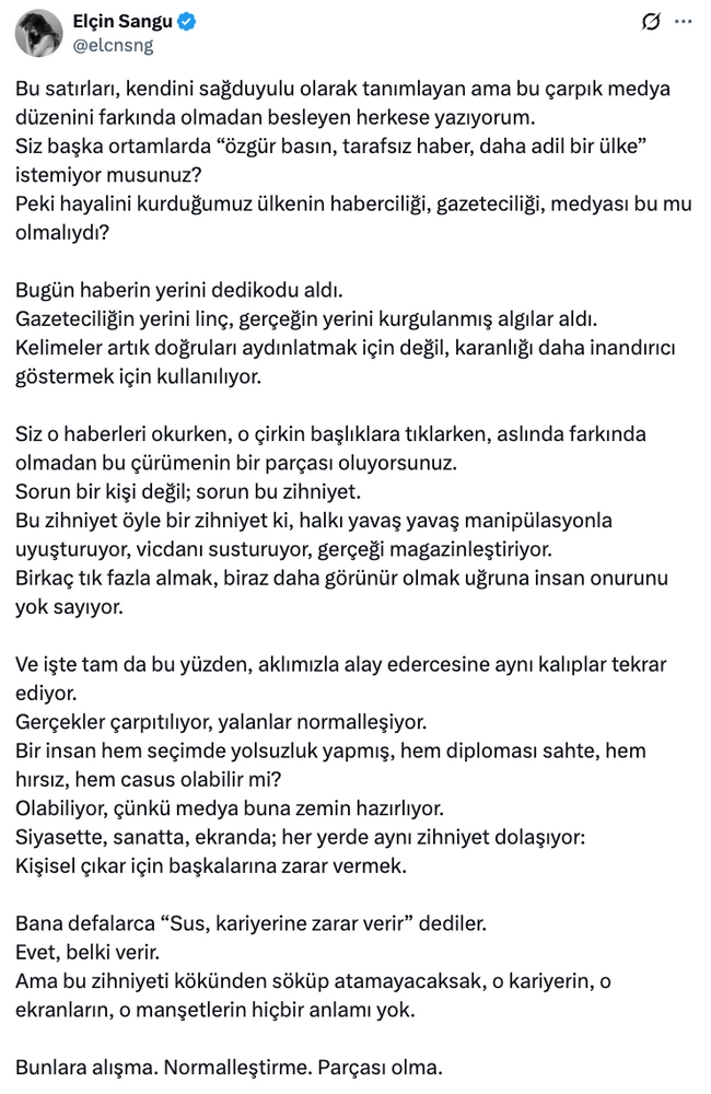 Elçin Sangu'dan çarpıcı ‘medya düzeni’ çıkışı! ‘Gerçekler çarpıtılıyor, yalanlar normalleşiyor…’ - Resim : 1