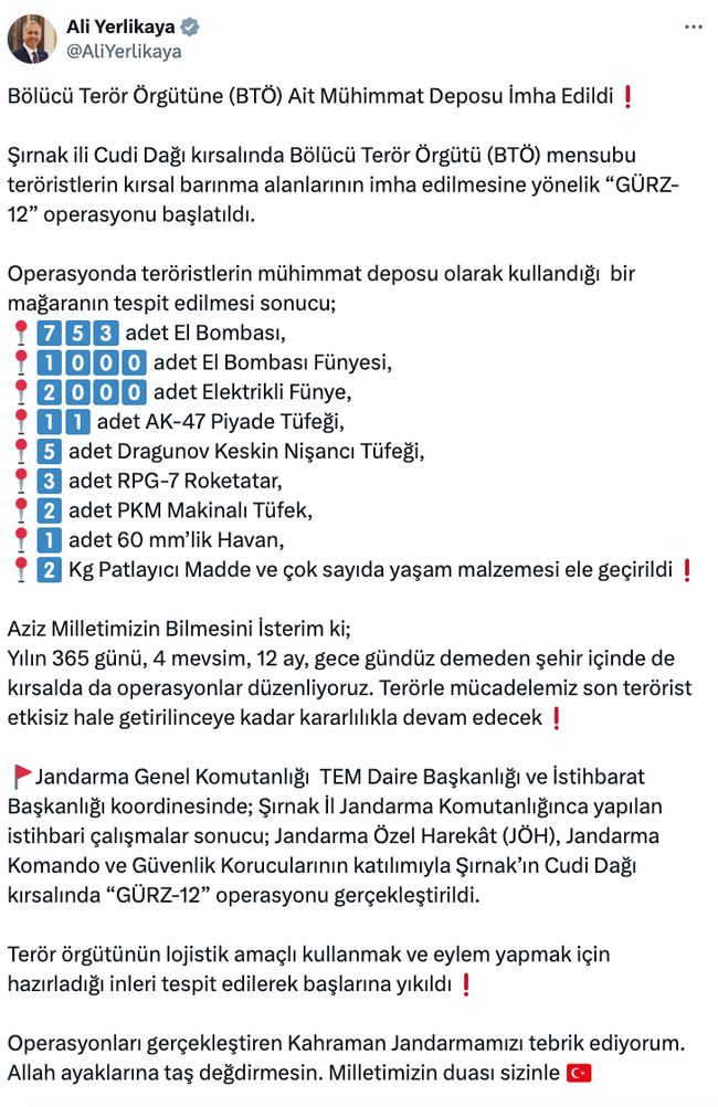Şırnak'ta GÜRZ-12 operasyonu! Teröristlere ait mühimmat deposu imha edildi… - Resim : 1