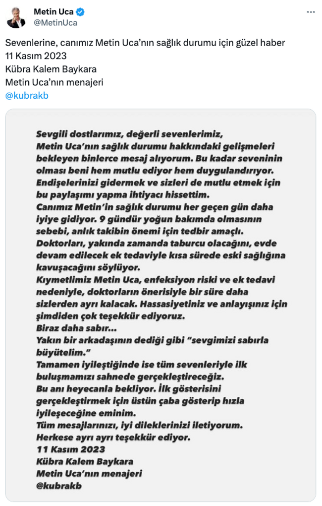 Metin Uca’nın sağlık durumuna dair yeni açıklama! Yoğun bakıma kaldırılmıştı… - Resim : 1