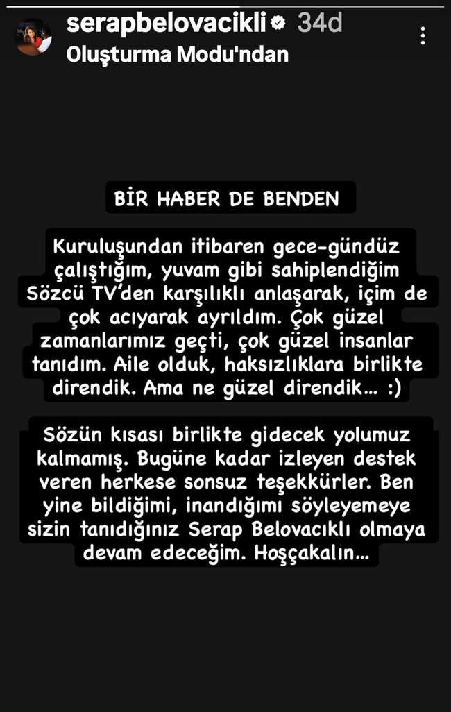 Ünlü ekran yüzü Sözcü TV’ye veda etti! ‘Gidecek yolumuz kalmamış…’ - Resim : 1
