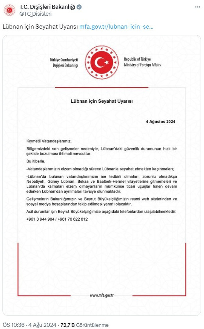 Dışişleri Bakanlığı'ndan Lübnan'a seyahat uyarısı - Resim : 1