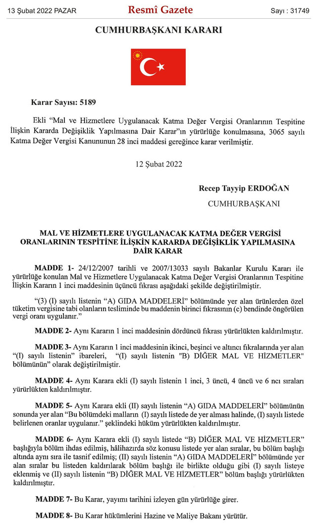 Gıda ürünlerindeki KDV indirimi kararı yayımlandı - Resim : 1