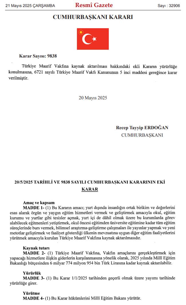 Erdoğan imzaladı: O vakfa 6.7 milyar TL kaynak! Karar Resmi Gazete'de… - Resim : 1