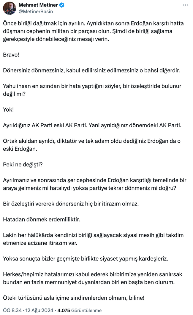 Mehmet Metiner'den Davutoğlu'na sert AK Parti tepkisi! ‘Erdoğan aynı Erdoğan, ne değişti?..’ - Resim : 2