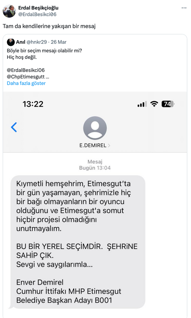 Erdal Beşikçioğlu'ndan Etimesgut adayına eleştiri! 'Tam da kendilerine yakışan bir mesaj' - Resim : 1