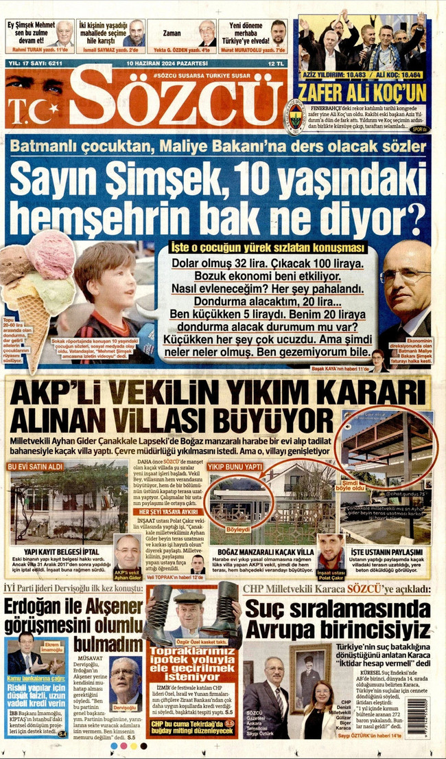 Sözcü Mehmet Şimşek'in küçük hemşehrisini manşet yaptı - Resim : 1