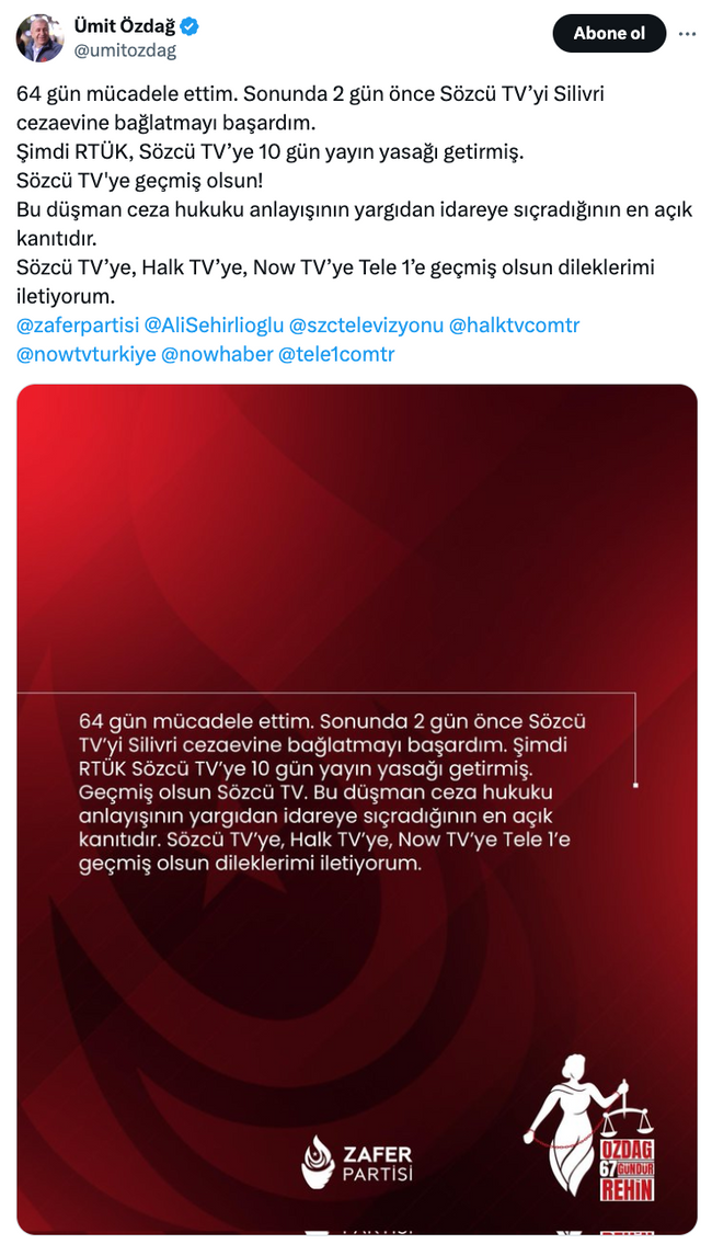 Ümit Özdağ'dan RTÜK'ün 'ekran karartma' kararına tepki! 'Düşman ceza hukuku anlayışı...' - Resim : 1