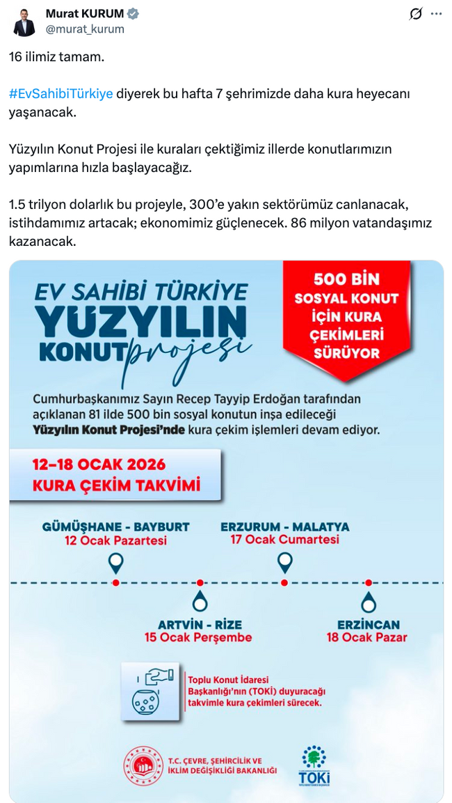 500 bin sosyal konutta 7 ilin kura tarihleri belli oldu! - Resim : 1