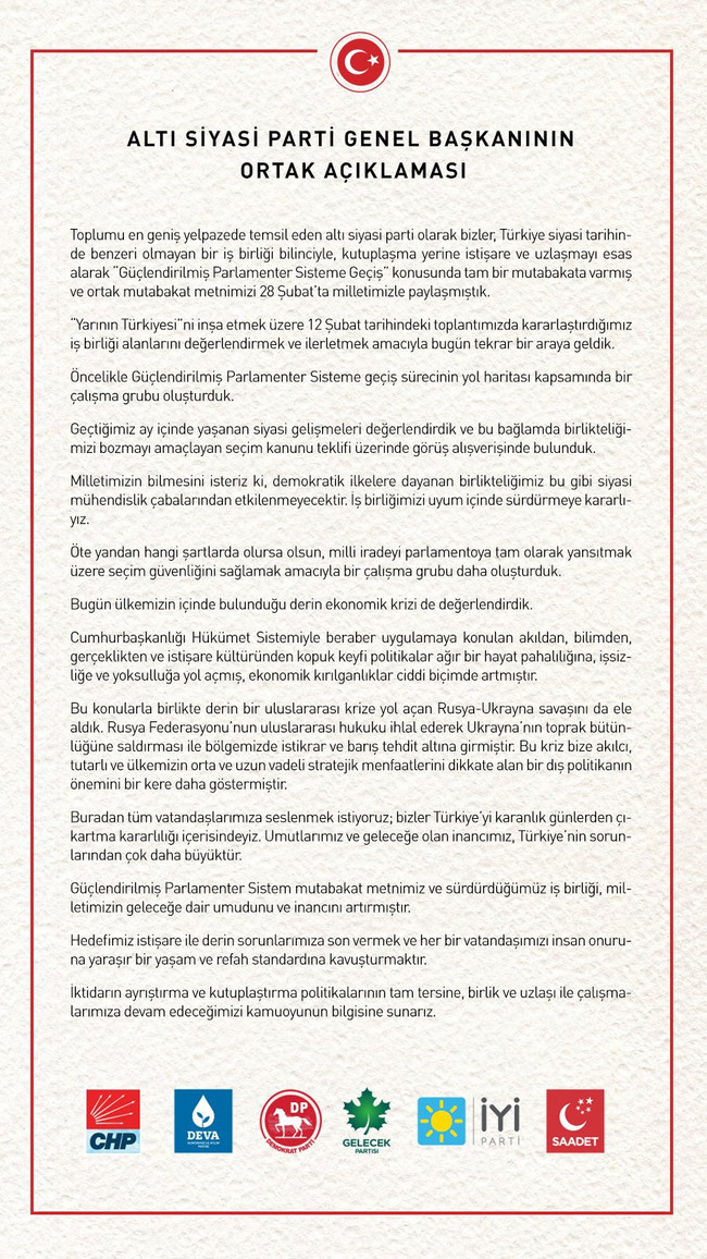 6 muhalefet lideri ikinci kez buluştu! İşte masaya yatırılan konu başlıkları… - Resim : 1