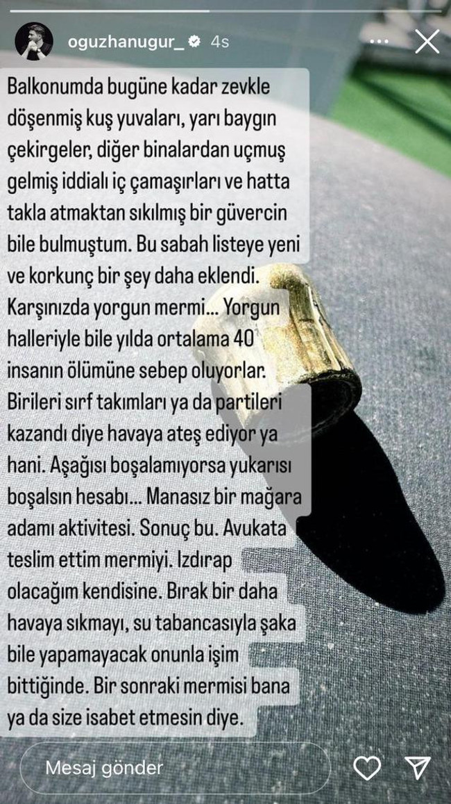 Oğuzhan Uğur balkonunda bulduğu mermiyi paylaştı! “Izdırap olacağım kendisine” - Resim : 1