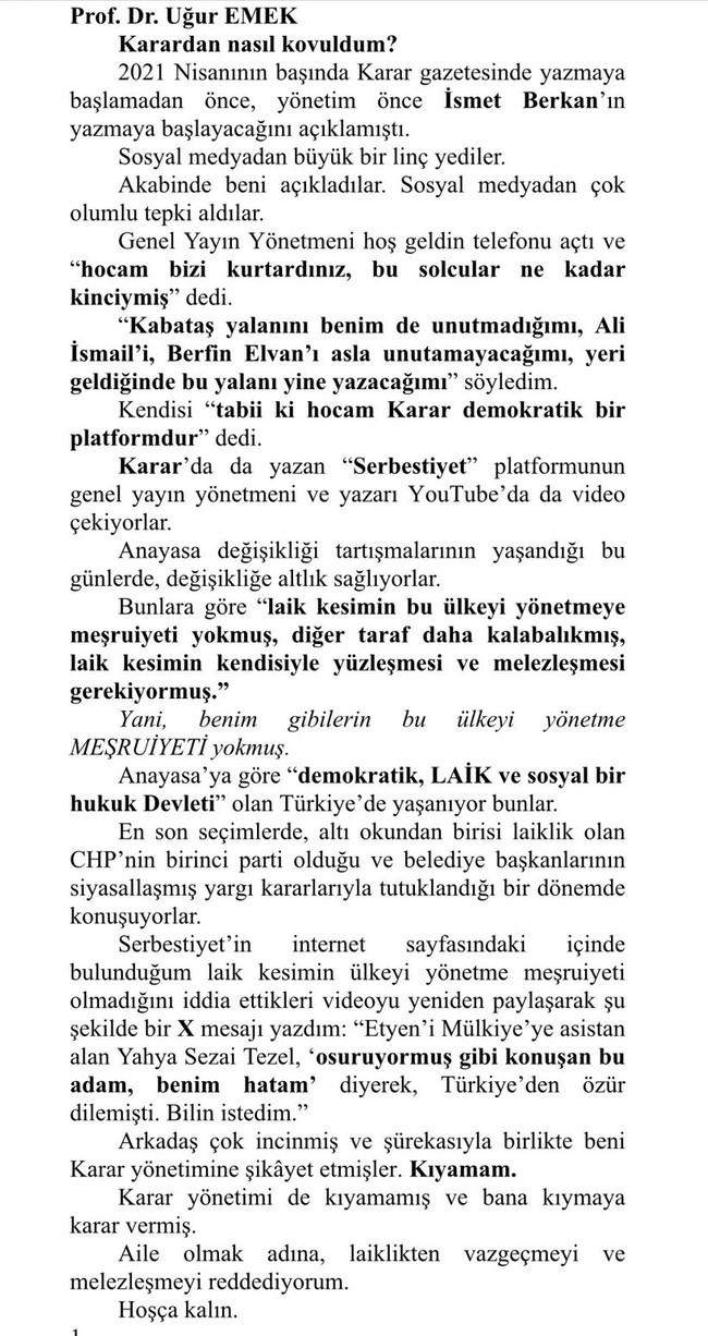 Karar gazetesi karıştı: Yazarın işine son verildi! ‘Beni yönetime şikâyet etmişler…’ - Resim : 1