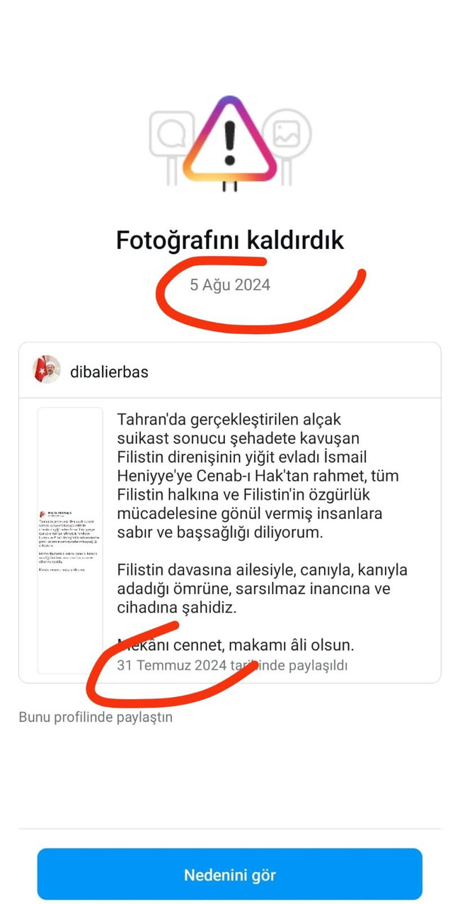 Instagram, Diyanet İşleri Başkanı Ali Erbaş'ın İsmail Haniye'ye taziye mesajını sildi - Resim : 1