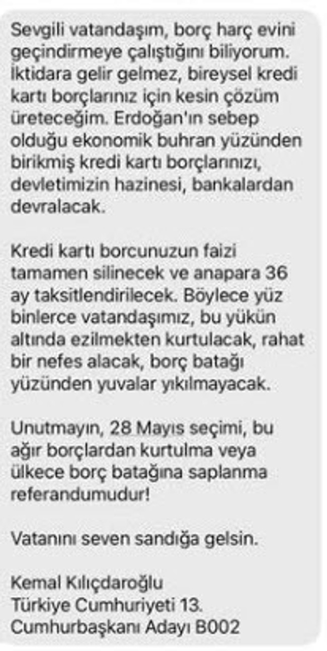 Kılıçdaroğlu tüm Türkiye'ye SMS gönderdi: "Kredi kartı borçlarınızı devlet devralacak" - Resim : 1
