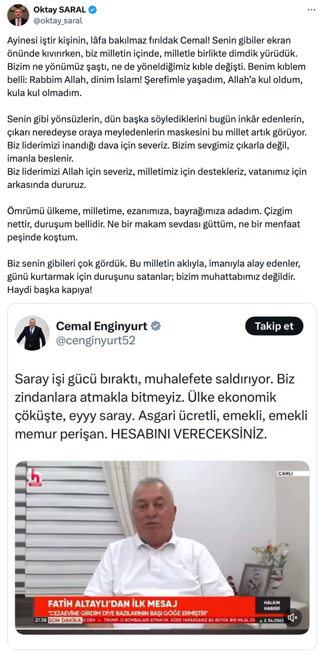 Başdanışman Oktay Saral, Cemal Enginyurt’a ateş püskürdü! ‘Lâfa bakılmaz fırıldak Cemal…’ - Resim : 1