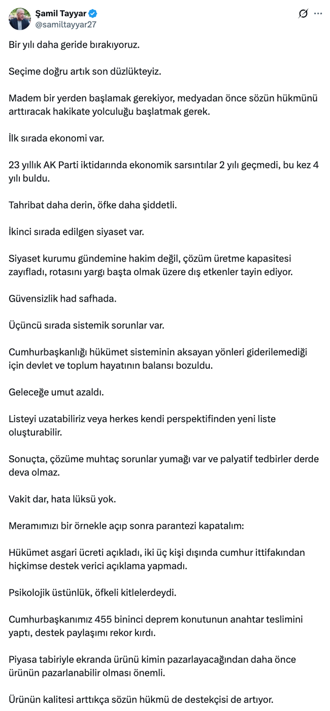 Şamil Tayyar'dan AK Parti’ye eleştiri yağmuru! 'Vakit dar, hata lüksü yok…' - Resim : 1