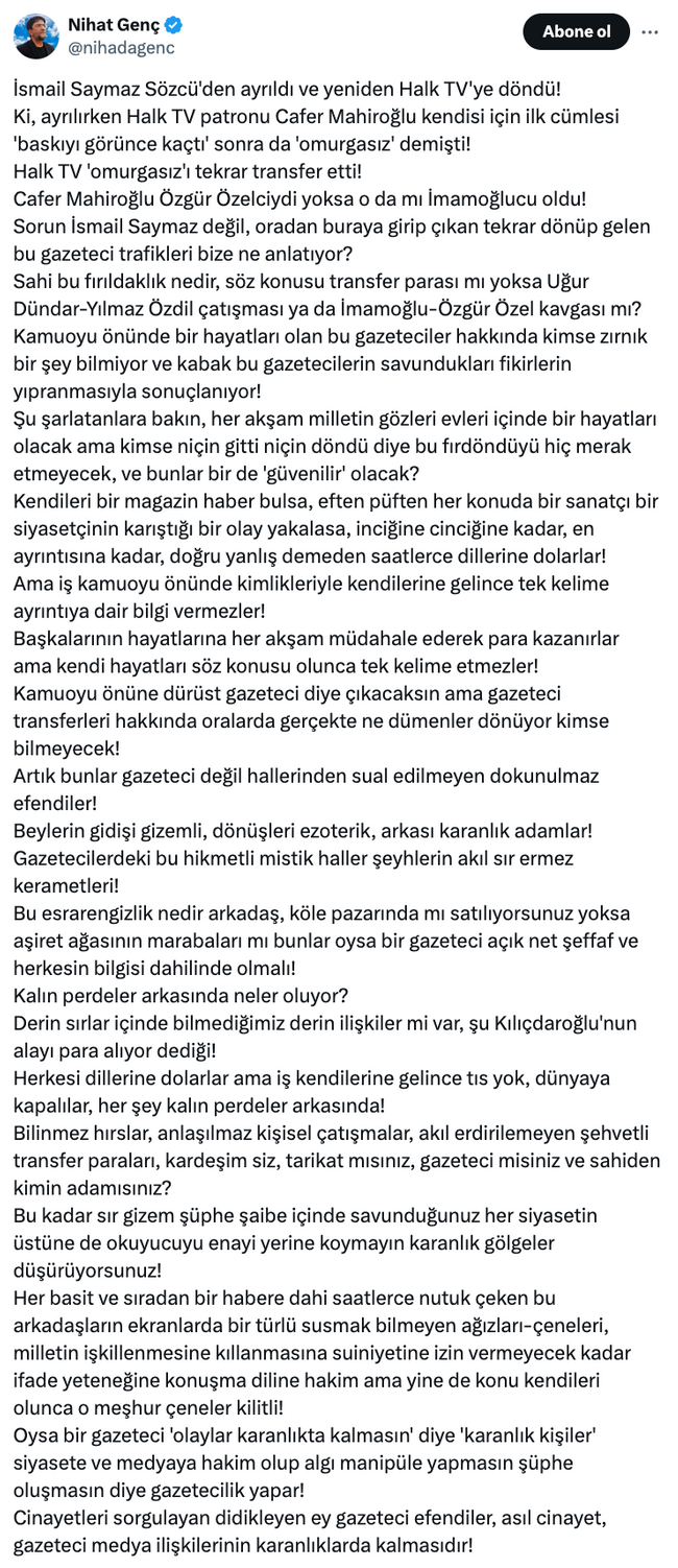 Nihat Genç'ten İsmail Saymaz'a Halk TV göndermesi! 'Sahi bu fırıldaklık nedir?..' - Resim : 2