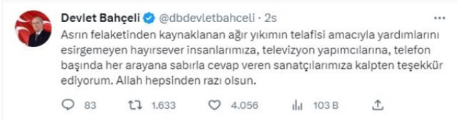 "Türkiye Tek Yürek" kampanyasına bir bağış da Bahçeli'den! "Elimizi taşın altına koyuyoruz" - Resim : 2
