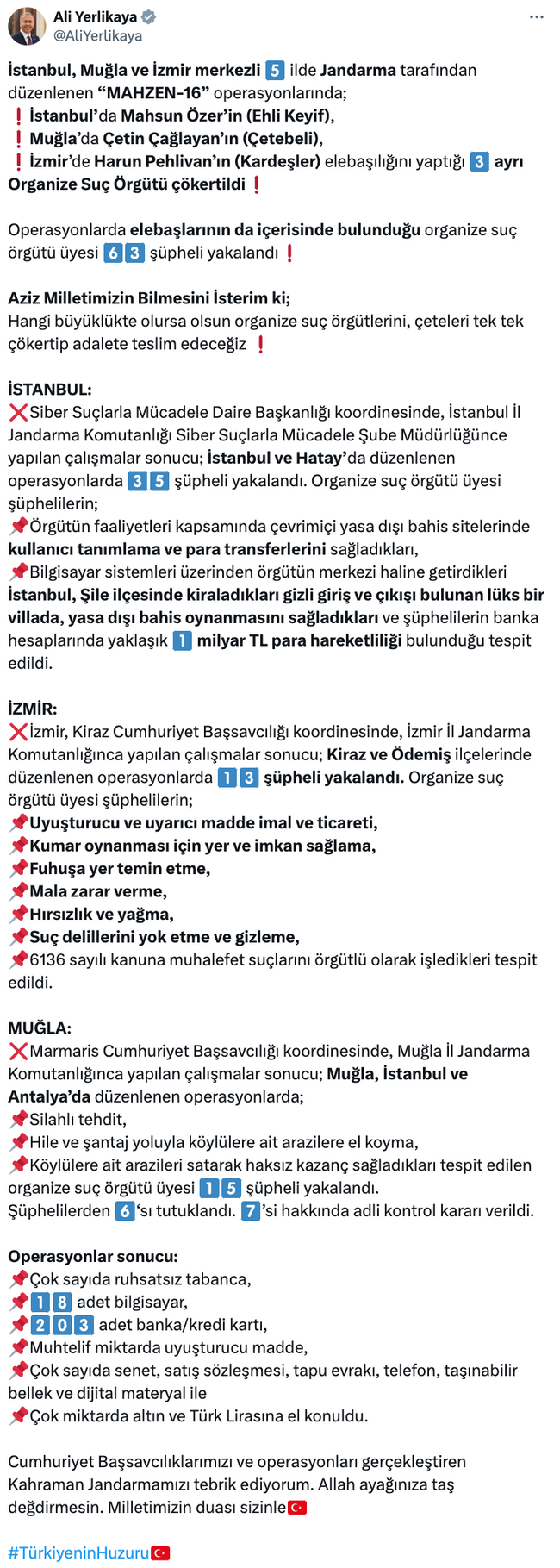 3 ayrı organize suç örgütü çökertildi! Bakan Yerlikaya duyurdu… - Resim : 1